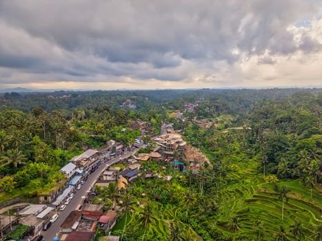 Aerial shot of lush green rice terraces and village in Bali, showcasing vibrant landscapes.