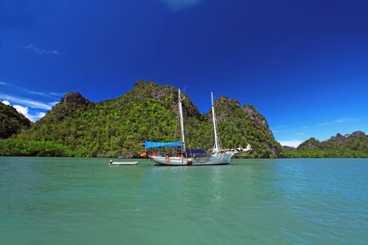 Scenic view of sailboats in turquoise waters by Langkawi's lush green cliffs.