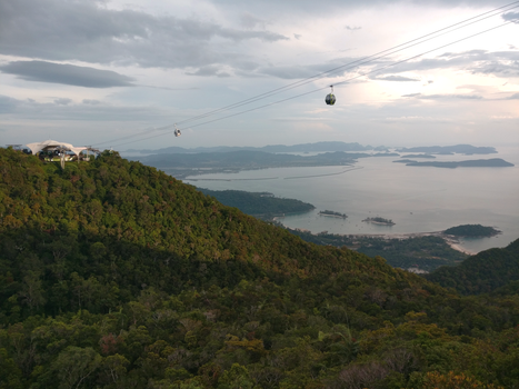 Breathtaking aerial view of Langkawi's cable car with lush forests and serene coastline.