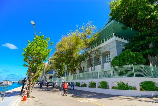 A vibrant waterfront street on a sunny day with people walking alongside trees and buildings.
