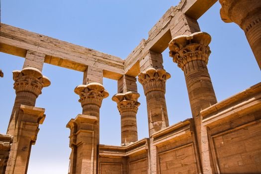 Close-up of Trajan's Kiosk in Philae, showcasing classical Egyptian architecture.